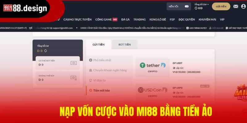 Nạp tiền MI88 thông qua ứng dụng tiền mã hóa